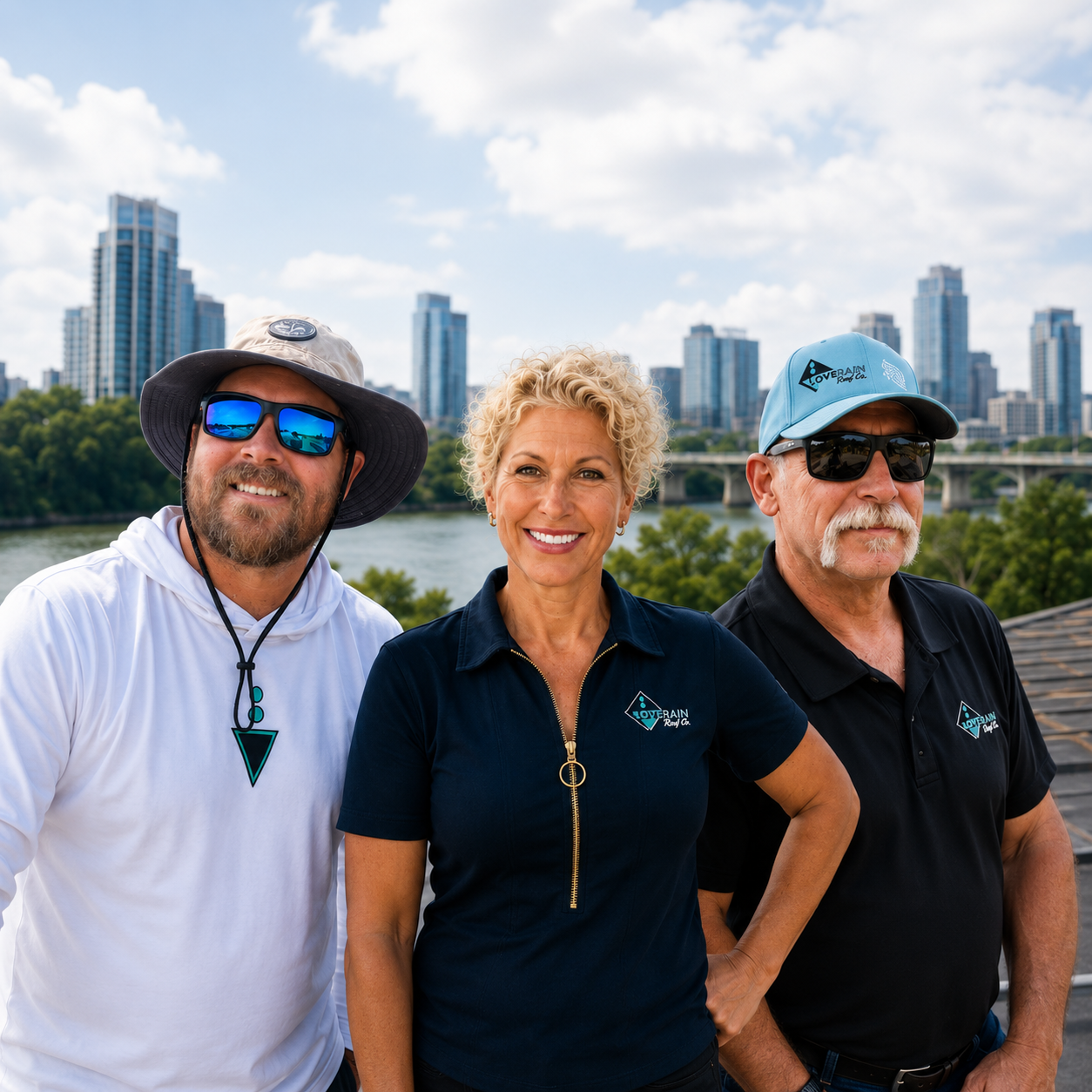 The LoveRain Roof Co. team with the Austin skyline in the background