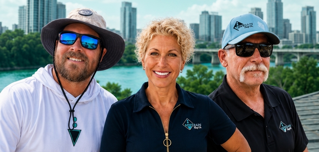 The LoveRain Roof Co. team on an Austin rooftop with the downtown skyline behind them
