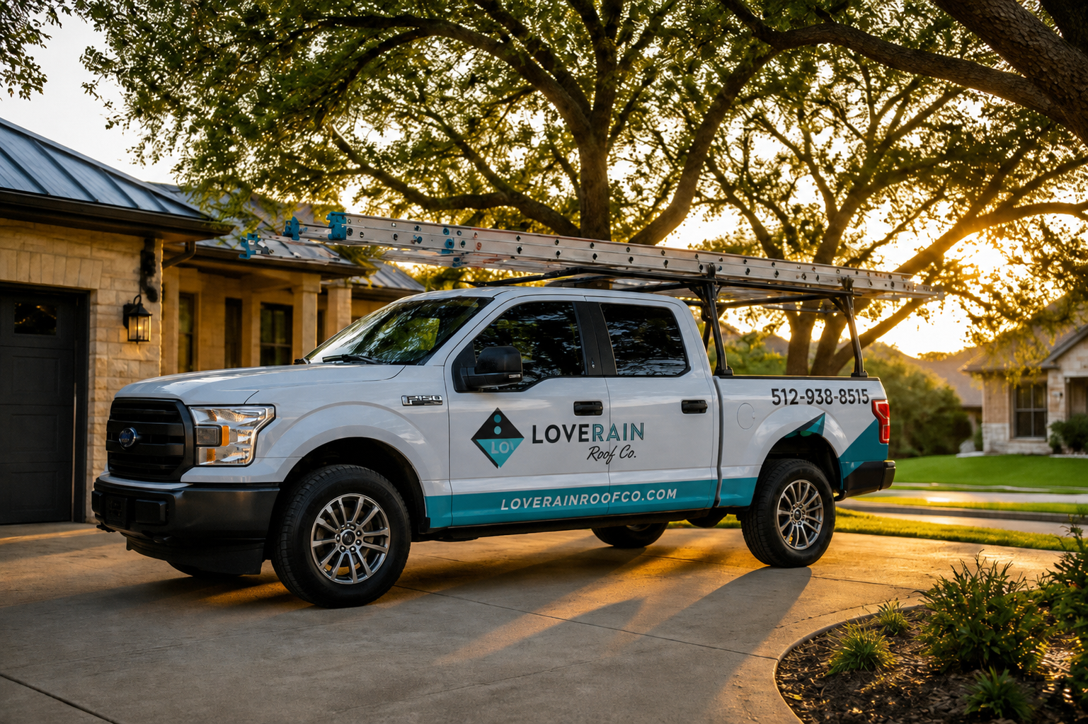 LoveRain Roof Co. branded pickup truck with ladder rack parked in a Central Texas neighborhood