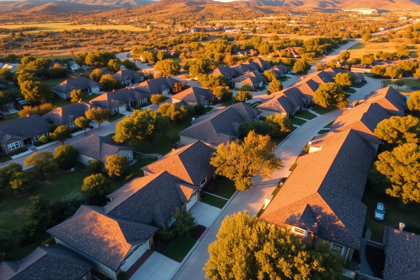 Aerial view of a Central Texas neighborhood of shingle roofs at golden hour