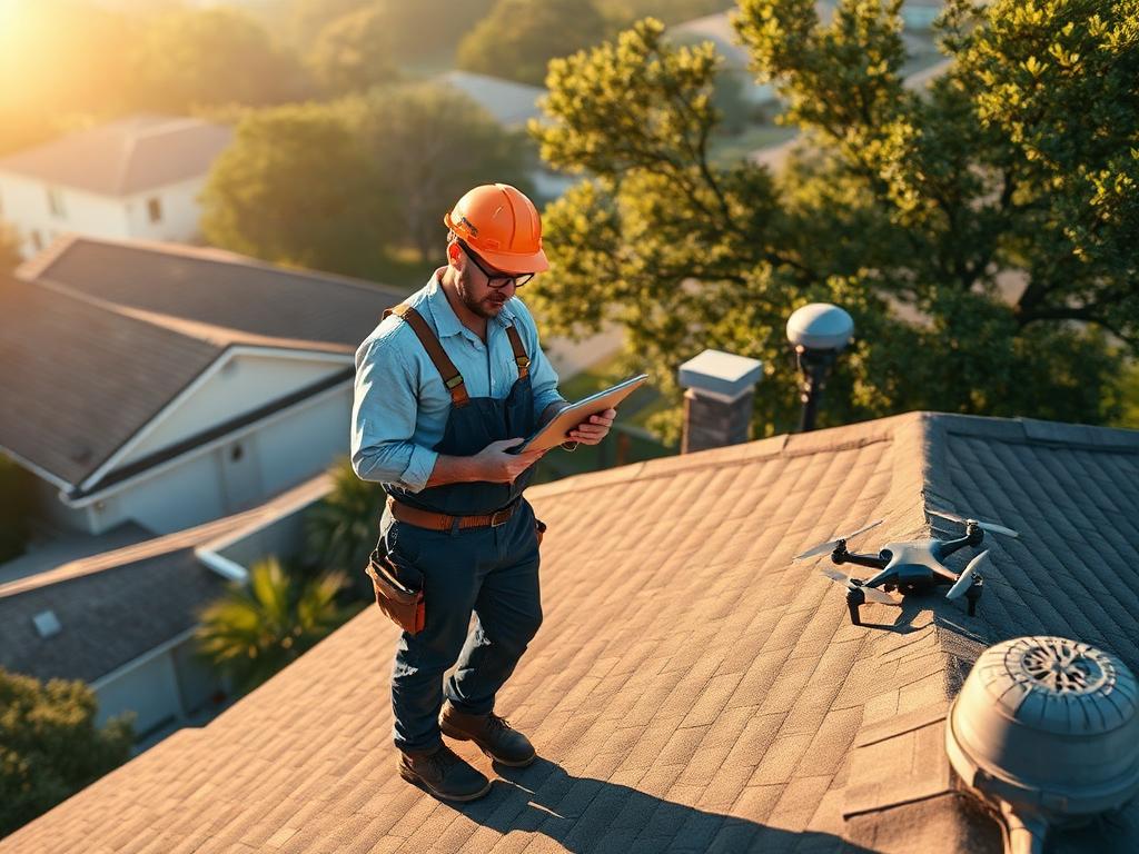 LoveRain inspector documenting shingle damage on an Austin roof with a tablet and drone