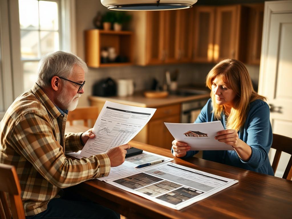 Roofing estimator reviewing a line-item roof estimate with homeowners at their kitchen table