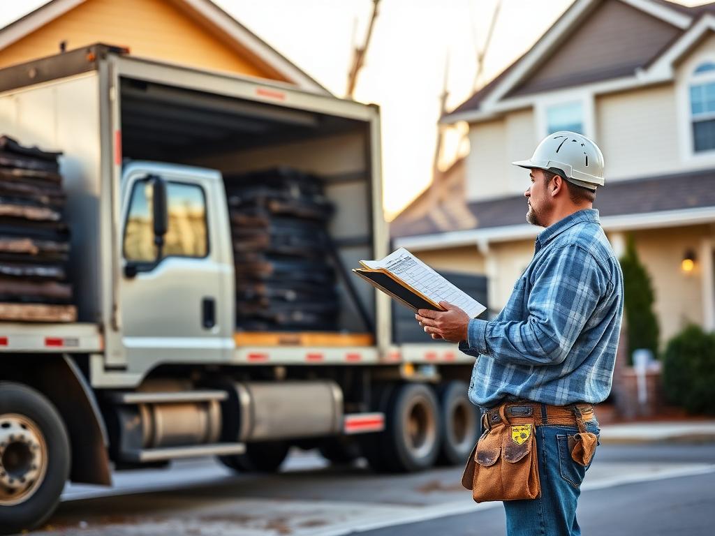 Project foreman checking a shingle delivery outside a Central Texas home