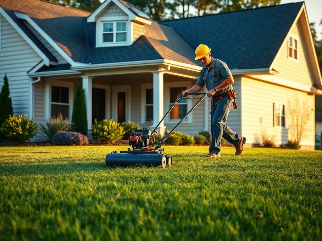 Crew member running a magnetic nail sweeper across a lawn after a roof replacement