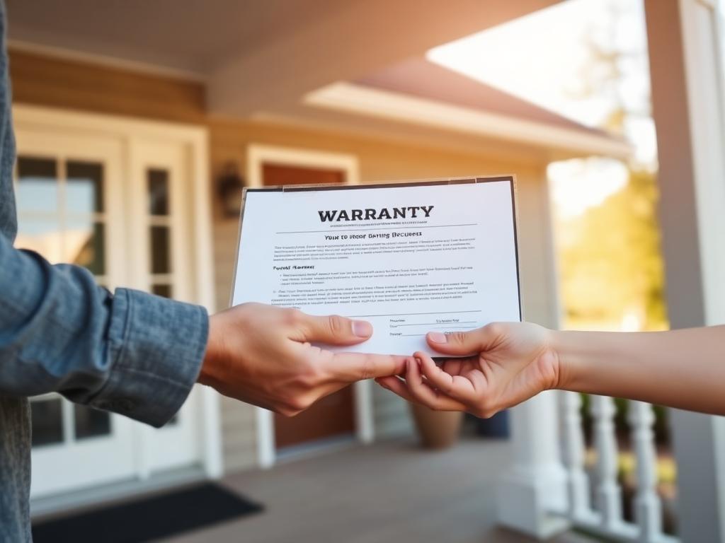 Homeowner receiving a signed roofing warranty folder on their porch